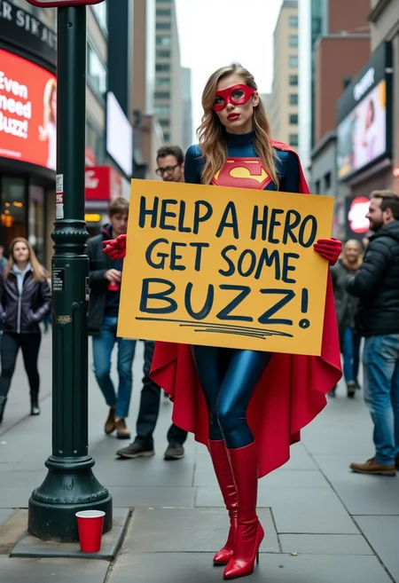A goofy, slightly out-of-shape female, aged 18, superhero wearing a spandex costume, standing on a street corner with a large sign reading, 'Help a Hero Get Some Buzz!' He’s striking a dramatic pose, trying to look heroic but clearly in need of a break, with a cup for 'buzz' donations at his feet. Around him, people are chuckling or taking photos, and digital screens on buildings nearby show mocking headlines like, 'Even Heroes Need Buzz!' Capture a humorous, style with bold colours and playful details