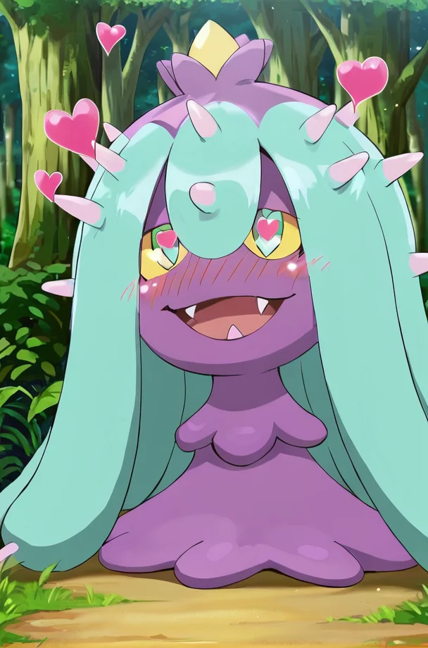 Solo, mareanie, pokemon, pokemon (creature), fangs, sharp teeth, yellow sclera, spikes, purple skin, mouth open, heart eyes, blush, BREAK forest, outdoors, colorful, looking at viewer, full body, BREAK ((ultra-detailed)), ((best quality)), ((best quality)), ((beautiful eyes)), ((extremely detailed)), 4K, (8K), best quality, (beautiful), Master piece, highres, score_9, score_8_up, score_7_up, score_6_up, score_5_up, score_4_up, colorful, best quality, official art, highres, masterpiece, nai3, god light, detailed background, high quality background, <lora:Mareanie_Pokemon:1> <lora:light_sharp_style_magin3.1-000040:1>