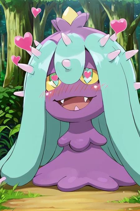 Solo, mareanie, pokemon, pokemon (creature), fangs, sharp teeth, yellow sclera, spikes, purple skin, mouth open, heart eyes, blush, BREAK forest, outdoors, colorful, looking at viewer, full body, BREAK ((ultra-detailed)), ((best quality)), ((best quality)), ((beautiful eyes)), ((extremely detailed)), 4K, (8K), best quality, (beautiful), Master piece, highres, score_9, score_8_up, score_7_up, score_6_up, score_5_up, score_4_up, colorful, best quality, official art, highres, masterpiece, nai3, god light, detailed background, high quality background, <lora:Mareanie_Pokemon:1> <lora:light_sharp_style_magin3.1-000040:1>