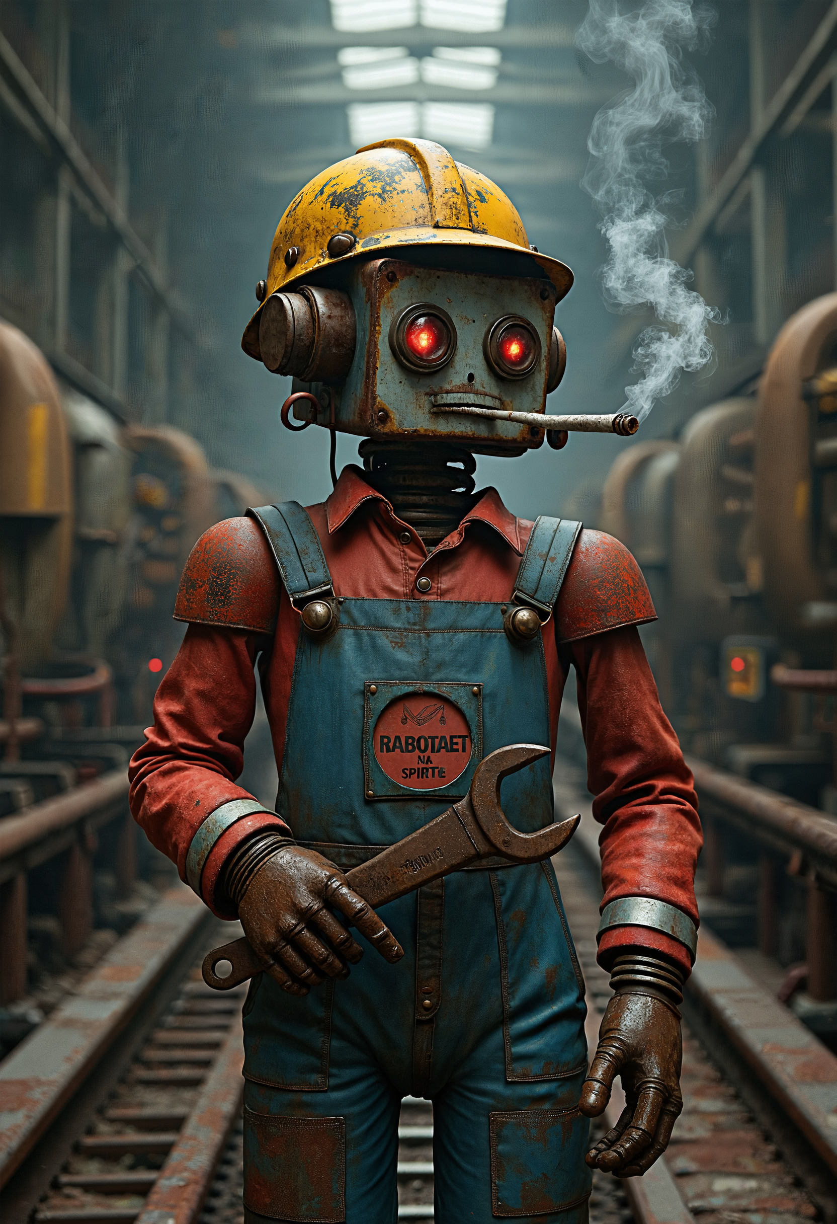 A rusted anthropomorphic robot worker with large wrench, Stands wearily by a creaking conveyor belt in a dilapidated Soviet-era factory. Smoke curls from its cigarette, mixing with steam and oil vapors. Its photorealistic metal face conveys anxiety, reflecting the harsh realities of post-industrial Soviet punk. Wear construction helmet, Red and blue work overalls with a hole has label "RABOTAET NA SPIRTE". Has hungover expression
