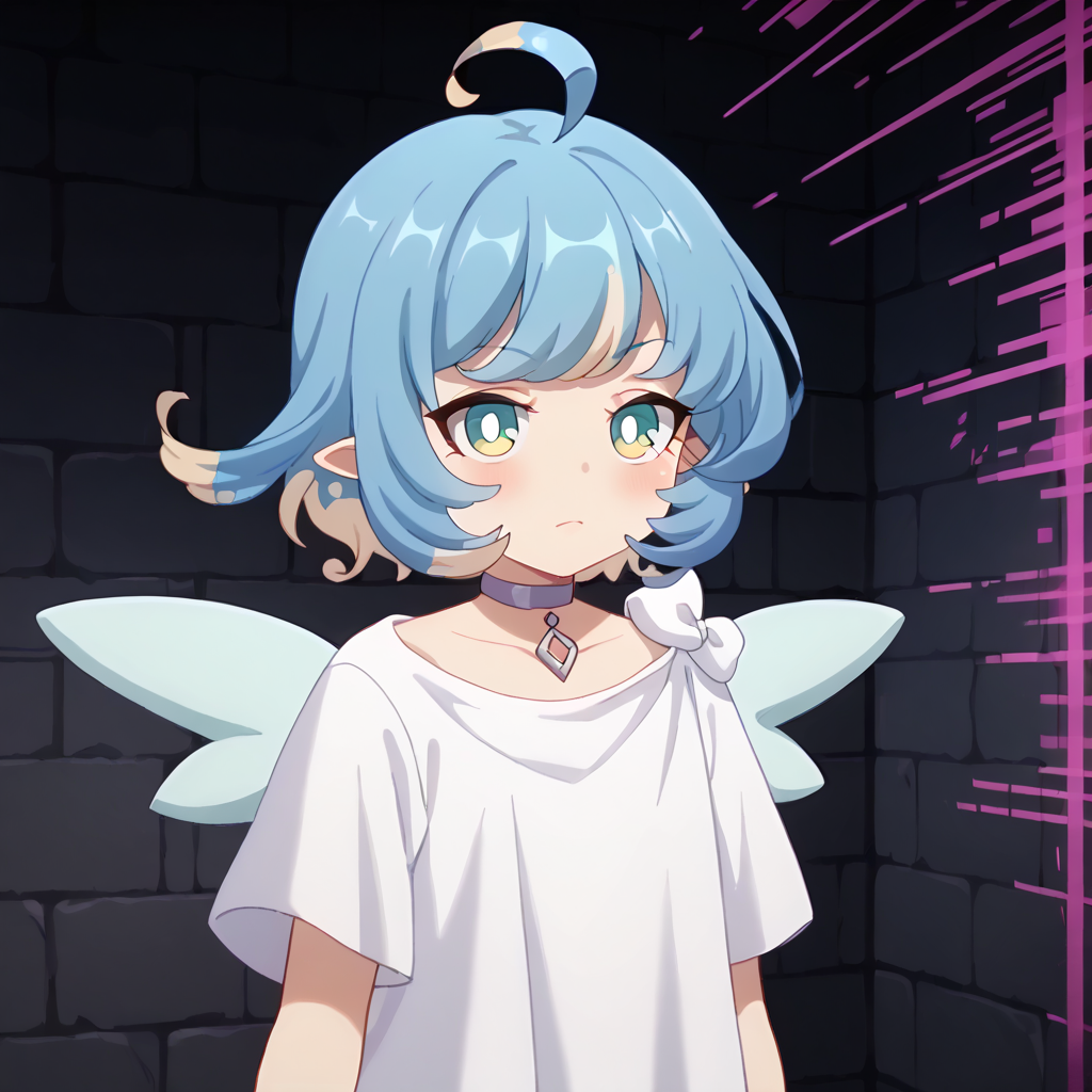 score_9, score_8_up, score_7_up, source_anime, anime screencap, masterpiece, insanely detailed, detailed background, zPDXL3, break, amy_(princess_connect), 1girl, wings, solo, ahoge, short hair, blue hair, multicolored hair, pointy ears,white dress,choker,(glitch), dungeon,chromatic aberration,dimesion break