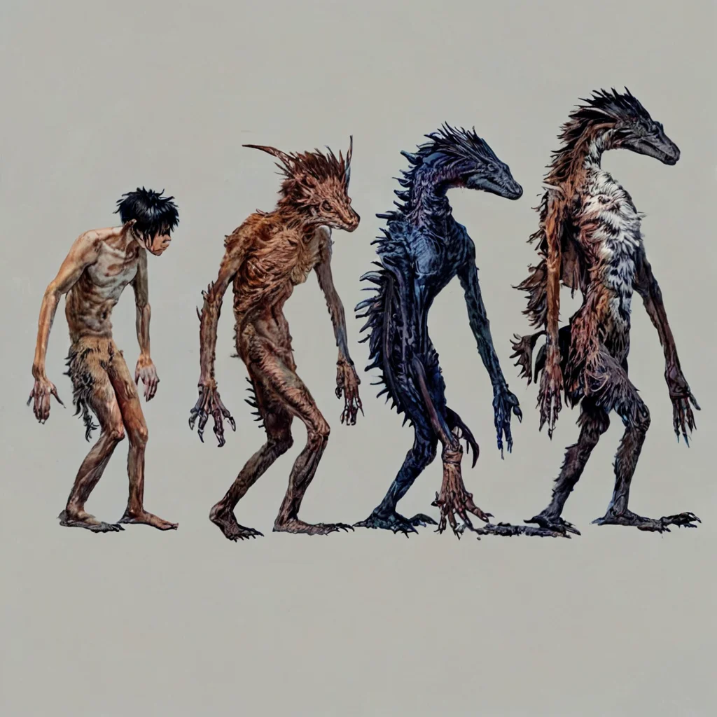Realistic, score_9, score_8_up, score_7_up, darwintheory, man evolving, 5 stage evolution, on a flat white background, a dragon turning into a man , darwintheory, in the style of anime <lora:evolutionPonyXL:1> , darwintheory, animal evolving, anime style