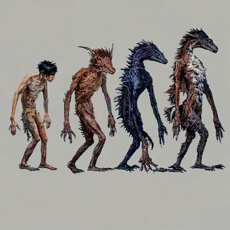 Realistic, score_9, score_8_up, score_7_up, darwintheory, man evolving, 5 stage evolution, on a flat white background, a dragon turning into a man , darwintheory, in the style of anime <lora:evolutionPonyXL:1> , darwintheory, animal evolving, anime style