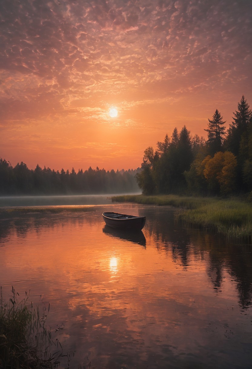 This image captures a serene scene of a lake at sunset. The sky is painted in hues of orange and yellow, while the sun gently dips below the horizon. A small boat is visible in the foreground, adding to the tranquil atmosphere. The lake is surrounded by lush green trees and bushes, enhancing the overall beauty of the scene, warm orange and pink hues casting a beautiful glow, cinematic lighting, detailed digital painting by Aaron Blaise and Robert Bateman and Carl Runguis, 4k resolution, hyperrealistic rendering, ethereal atmosphere. highly detailed and hyper realistic photo, by Alena Aenami , by Archibald Thorburn , by Daniele Afferni , in the style of  monochromatic silhouette reflection,  limited dark palette, unusual dark colors, faded colors, atmospheric haze, highly dramatic cinematic lighting, motion blur, film grain,  professional, excellent composition, finest details, maximized details, ultimate detail level, masterpiece, best quality