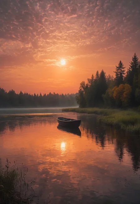 This image captures a serene scene of a lake at sunset. The sky is painted in hues of orange and yellow, while the sun gently dips below the horizon. A small boat is visible in the foreground, adding to the tranquil atmosphere. The lake is surrounded by lush green trees and bushes, enhancing the overall beauty of the scene, warm orange and pink hues casting a beautiful glow, cinematic lighting, detailed digital painting by Aaron Blaise and Robert Bateman and Carl Runguis, 4k resolution, hyperrealistic rendering, ethereal atmosphere. highly detailed and hyper realistic photo, by Alena Aenami , by Archibald Thorburn , by Daniele Afferni , in the style of monochromatic silhouette reflection, limited dark palette, unusual dark colors, faded colors, atmospheric haze, highly dramatic cinematic lighting, motion blur, film grain, professional, excellent composition, finest details, maximized details, ultimate detail level, masterpiece, best quality