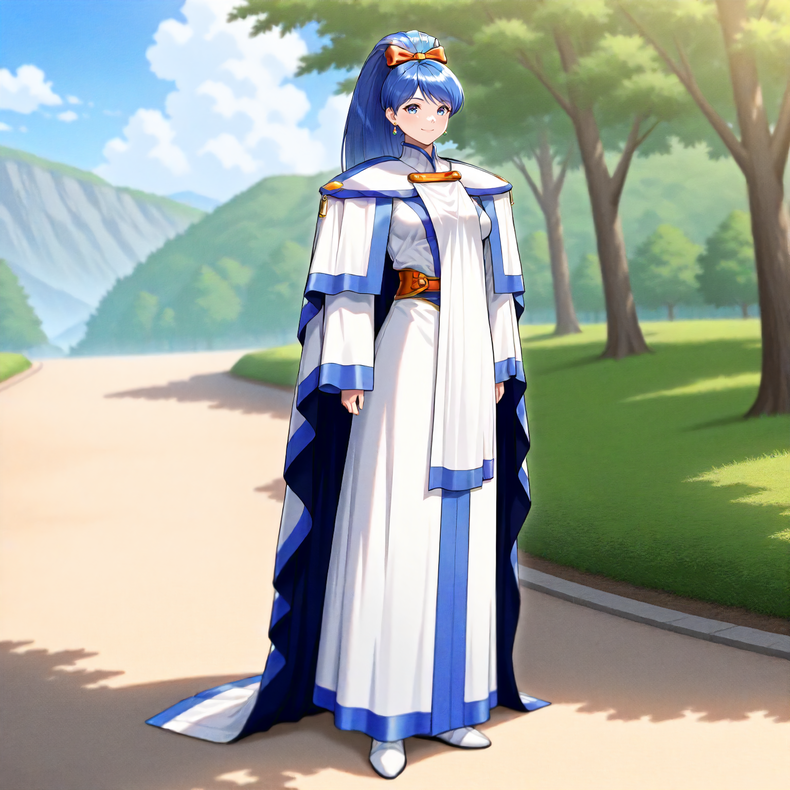 <lora:ML2_SakuyaRanzaiwaXLIllustrious004>,
masterpiece,best quality,good quality,newest,
outdoors,
smile,
looking at viewer,
solo,
SakuyaRanzaiwa,1girl,blue hair,wide ponytail,hair bow,blue eyes,earrings,
breasts,
shoulder_pad,cape,robe,
standing,full body,