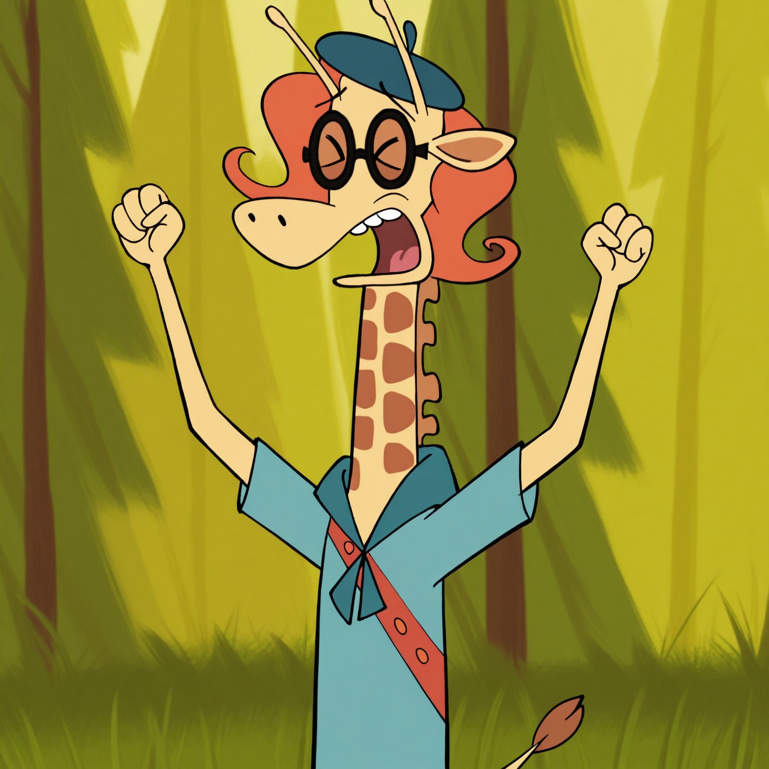 8k, uncensored, masterpiece, best quality, highly detailed, realistic, 1girl, solo, NinaCL, furry, anthro, female furry, giraffe, orange hair, black glasses, brown lens, black eyebrows, thin eyebrows, yellow body, brown spots, skinny arms, frown, sad, teeth, open mouth, tongue, dark-blue beret, blue topwear, scout outfit, (standing, grass, forest, trees, front view, detailed background, flat chested, close-up, upper body, eyes closed, brown inner ear, arms up, clenched fists, (4 fingers), yelling