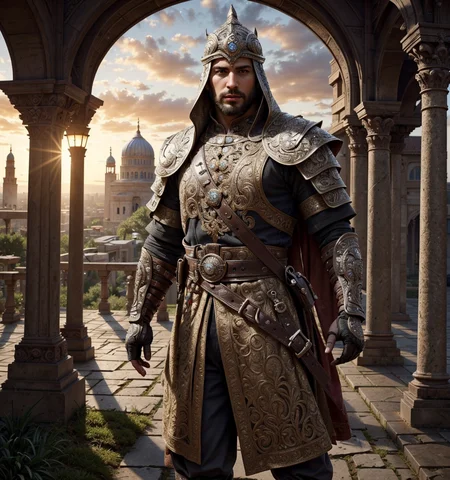 RAW photo, (masterpiece:1.3), subsurface scattering, heavy shadow, (high quality:1.4), (intricate, high detail:1.2), professional photography, HDR, High Dynamic Range, realistic, ultra realistic, photorealistic, high resolution, film photography, ambient lighting, atmospheric effects, <lora:detail_slider_v4:2>, OverallDetail, <lora:ArabianArmor:0.7>, 1boy, arar, armor, beard, belt, brown eyes, brown pants, elbow gloves, full body, helmet, jewelry, looking at viewer, male focus, sheath, solo