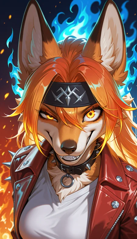 1girl, furry, anthro, dark ambient, glow, anthro furry female orange fox, phoenix fox girl, orange fur, gradient hair, orange flame hair AND (blue flame hair:1.2), hair between eyes, glowing gradient orange yellow eyes, large eyes, uneven eyes, enface portrait, small, medium breasts, looking at viewer, intimidating, smirk, smug, grin, crazy smile, sharp teeth, black headband with fire pattern, black collar with white spikes, leather flaming hot red jacket over white shirt, cinematic lighting, fluffy, portrait, face focus, dutch angle, from above, upturned eyes, (detailed multicolor fire forest background, fiery background:1.2), (blue fire:1.2) AND red fire, BREAK, detailed eyes, photorealistic details, depth of field, detailed fluffy fur, volumetric lighting