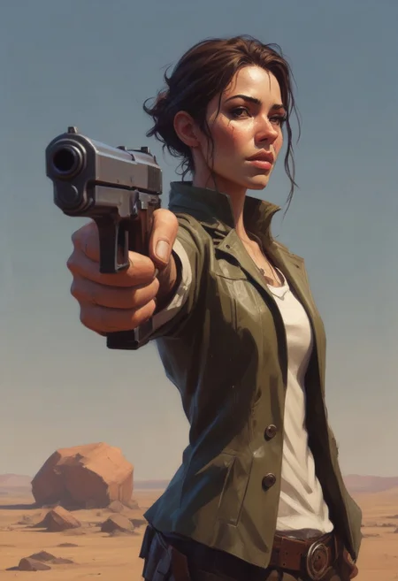 by Ian McQue and Sam Spratt, <lora:EnvyStudioPortraitXL01:0.35> , pointing a pistol <lora:pistol:0.60>