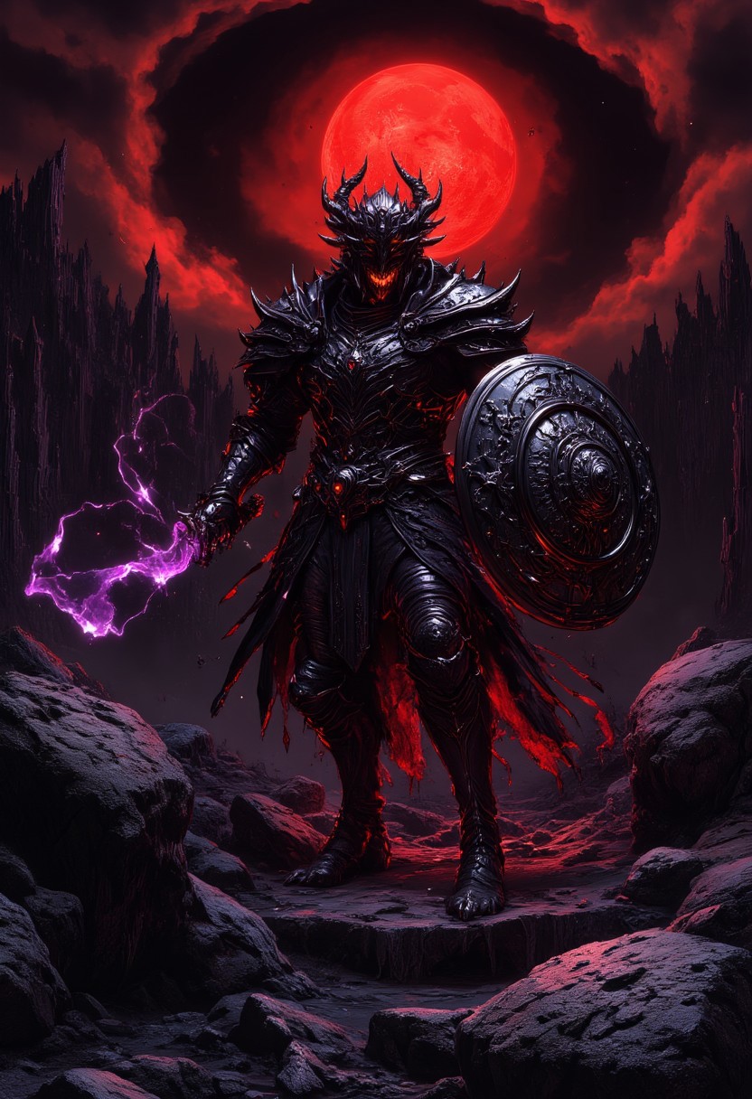 In the heart of a decaying fortress, a fearsome Phoenix Knight, loyal to the Black Queen, stands poised for battle. His armor is a dark, iridescent black, with crimson and violet flames subtly flickering beneath its surface, resembling the fiery wings of a phoenix. A massive, intricately designed shield bears the symbol of the Black Queen, its edges glowing with an eerie, unnatural light. In his other hand, he wields a sword of pure dark energy, its blade crackling with a sinister, violet glow. Behind him, a swirling vortex of dark mist rises, heralding the knight's presence. The moon above is blood-red, casting long shadows across the ruined city as he stands ready to defend his queen with relentless power.