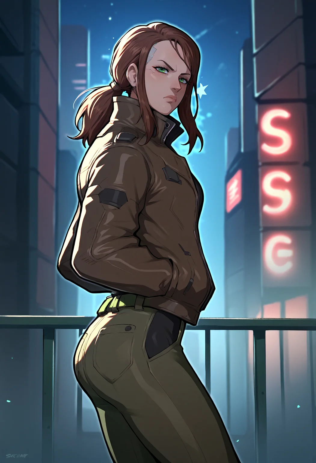 score_9, score_8_up,score_7_up, source_anime, 1girl, solo, <lora:MGSVsnpqt_pdxl_EliPot:1>, mgsnp, long hair, brown hair, green eyes, mature female,
leather jacket, dark brown jacket, closed jacket, high collar, black shirt, belt buckle, cargo pants, dark green pants, looking at viewer, serious, hands in pockets, against railing, outdoors, cyberpunk city, neon lights, neon sign, skyscraper, science fiction, sci-fi, futuristic, dark, night sky, starry sky, side view,
<lora:frbll_pdxl_EliPot:1>