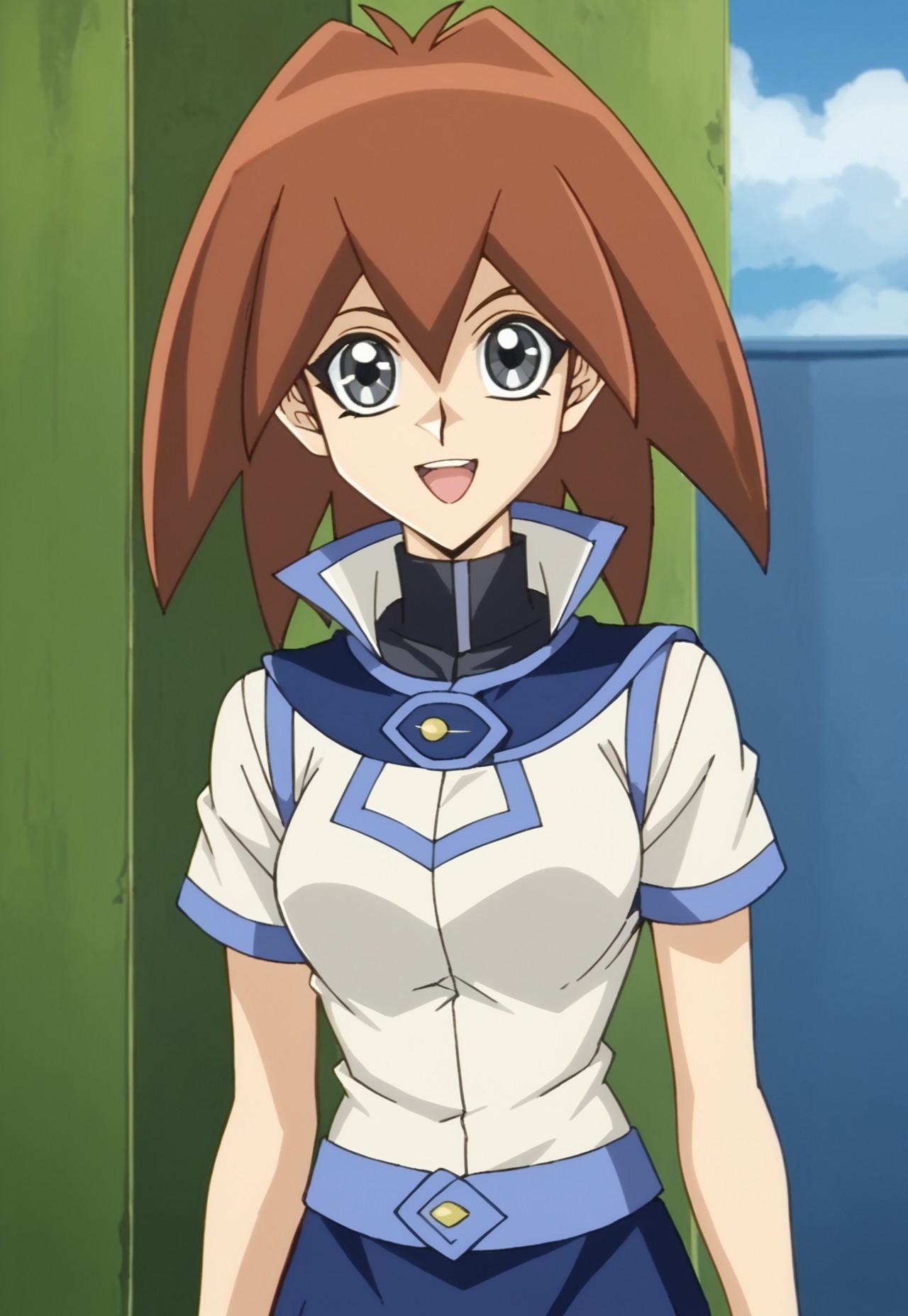 uncensored, score_9__up, score_9, score_8_up, score_8, score_7_up, score_7, score_6_up, score_6, score_5_up, source_anime, anime screencap, anime coloring, highres, yu-gi-oh!gx, yu-gi-oh!, jasmine (yu-gi-oh gx), grey eyes,  happy, full body, duel academy uniform, 