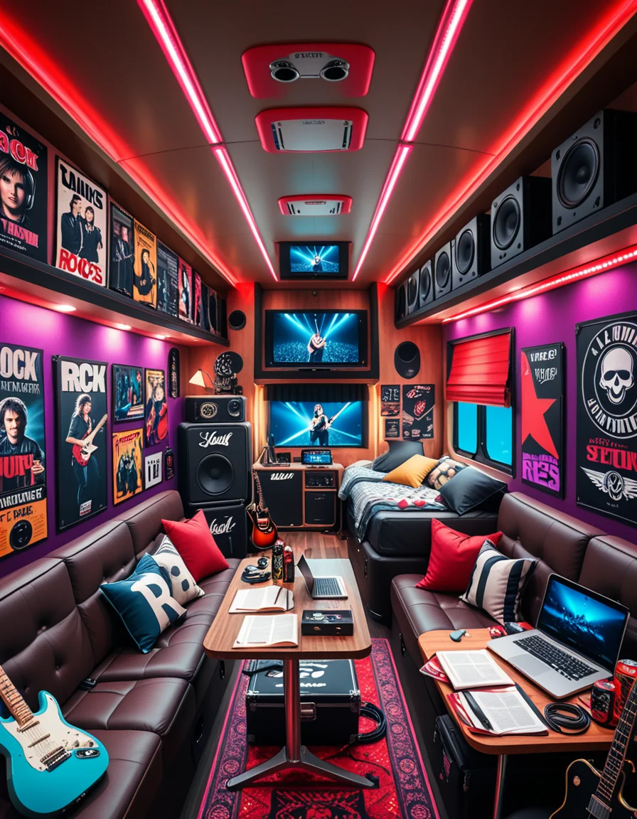 The interior of a modern RV customized for a rock band on tour. The space is stylish and lived-in, filled with musical gear like guitar cases, amps, and a drum pad. Posters of famous rock bands and tour memorabilia cover the walls. There are leather couches, a small kitchenette with snacks and energy drinks, and a cluttered table with laptops, cables, and setlists. A narrow hallway leads to sleeping bunks with personal items like headphones, books, and clothes tossed around. The lighting is warm with LED strips in red and purple tones, giving it a cozy but edgy atmosphere. A small TV displays concert footage, and speakers are mounted on the ceiling. The whole scene feels energetic, artistic, and chaotic in a creative way. Realistic style, rich colors, and highly detailed environment.
<lora:SDXLFaeTastic2400:0.4> <lora:extremely_detailed:0.4> extremely detailed <lora:r0ck_b4nd_rv:1>r0ck b4nd rv, Masterpiece,best quality,hi res,8k,hi res,8k,award winning,(sharp focus, intricate, highly detailed),