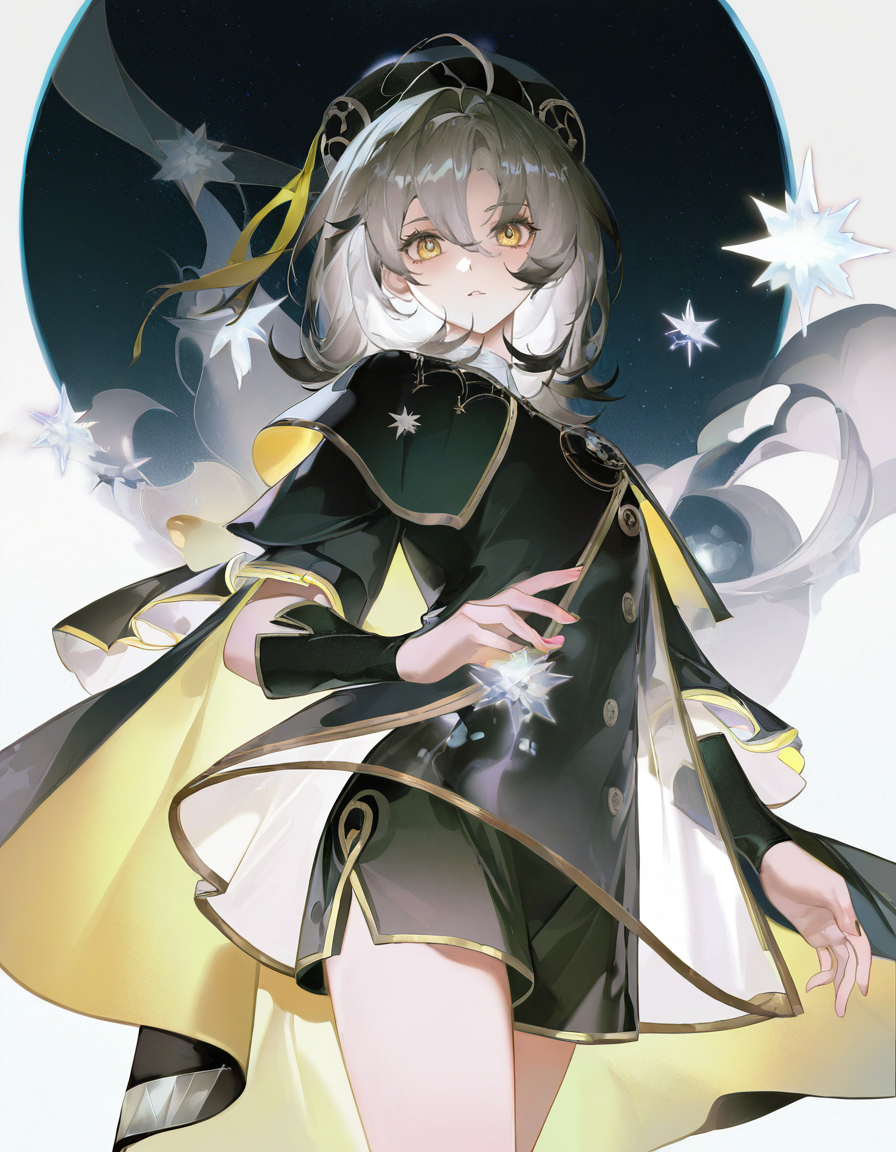 solo,1girl,looking at viewer,zhegeshichen,(white background:1.2),(simple background:1.3),white background,cowboy shot,<lora:zhegeshichen:1>,grey hair,yellow eyes,four fingers,, masterpiece, best quality, very aesthetic, absurdres,newest, incredibly absurdres,
