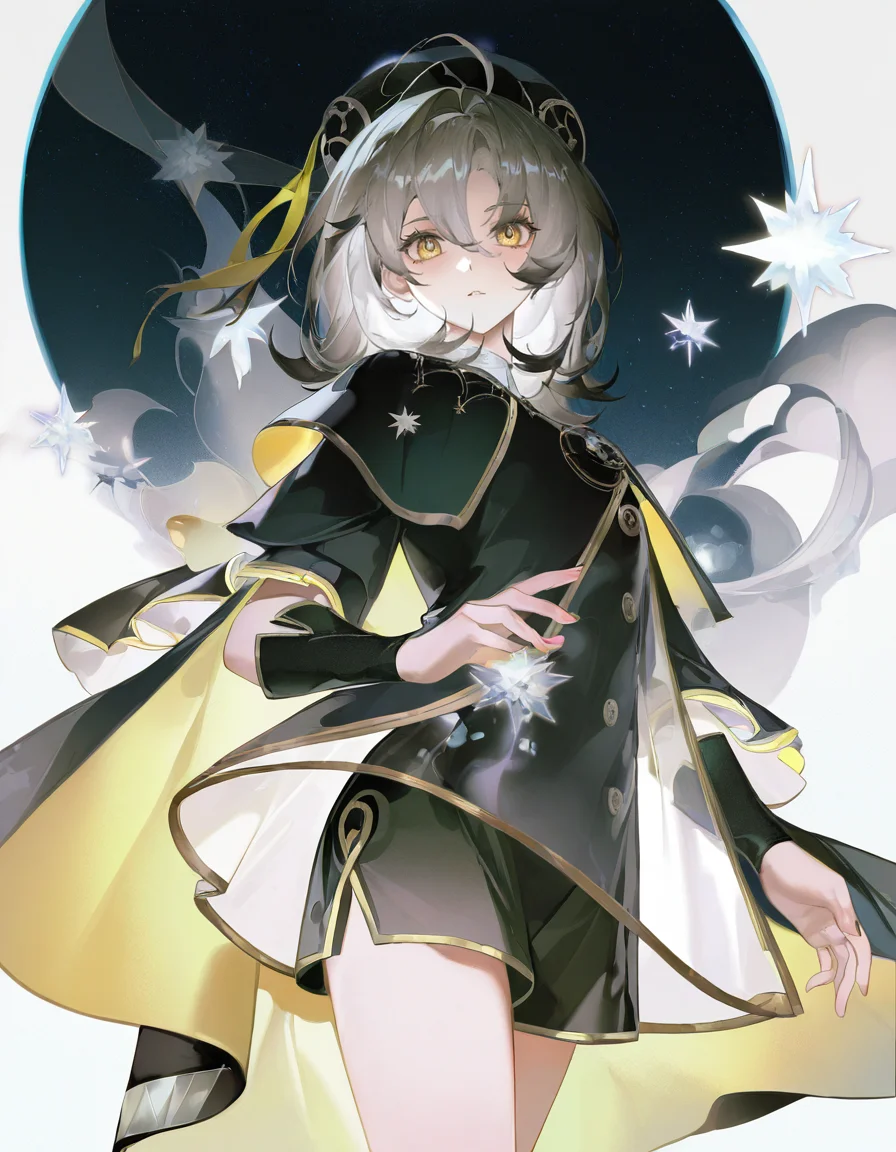 solo,1girl,looking at viewer,zhegeshichen,(white background:1.2),(simple background:1.3),white background,cowboy shot,<lora:zhegeshichen:1>,grey hair,yellow eyes,four fingers,, masterpiece, best quality, very aesthetic, absurdres,newest, incredibly absurdres,