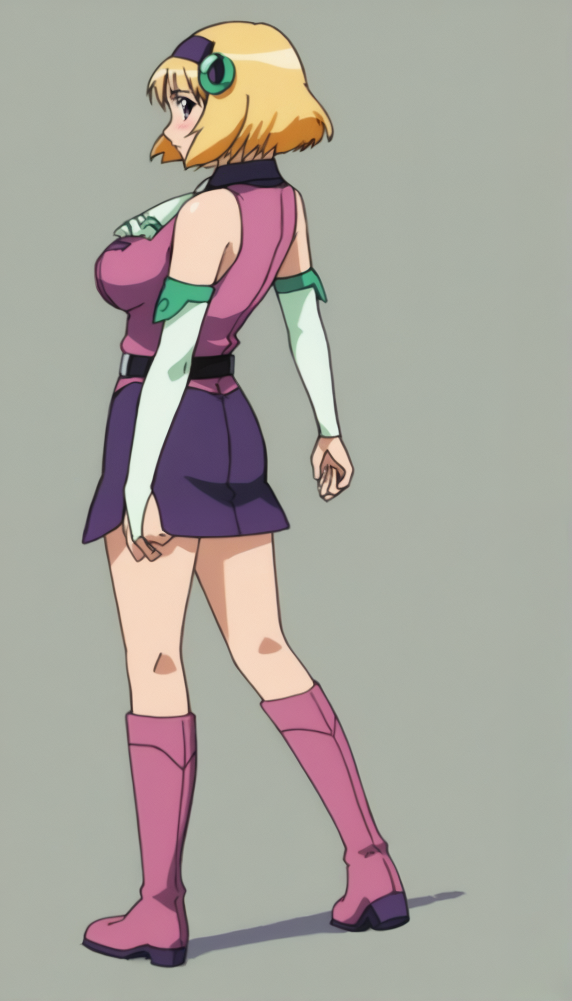 score_9_up, source_anime, belvedere_coco,  short hair, blonde hair, 1girl, solo. bare shoulders, hairband, from behind. looking behind.looking at viewer. full body. profile. blush. gloves, elbow gloves, ascot, detached sleeves, bridal gauntlets, breasts, legs. fingerless gloves. sleeveless, bob cut, necktie, belt,  hair ornament, large breasts, pink boots.