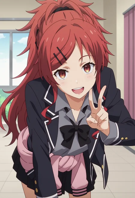score_9, score_8_up, score_7_up, source_anime,
BREAK
1girl, solo, anime screencap, anime coloring,
<lora:shiChisgusaV1:1>, chiasuha, ponytail, red hair, long hair,
pleated skirt, blazer, black skirt, black jacket, school uniform, grey shirt, clothes around waist, socks, black socsk,
looking at viewer, smile, leaning forward, bent over, v over eye, open mouth,