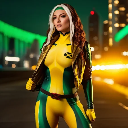 Rogue1024, a woman full body, wears a yellow and green superhero suit and a jacket, cyberpunk city background, highly detailed, photography, ultra sharp, film, professional, 64k <lora:add-detail-xl:1.5> <lora:Rogue1024:0.8>