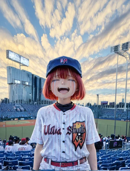 (1girl:1.5), (general:1.3), (detailed background:1.5), tokyo yakult swallows, baseball jersey, (white jersey, red pinstripe pattern:1.1), dark blue baseball cap, dark blue undershirt, happy, sad, (night:1.3), streaming tears, cowboy shot, = =, open mouth, (solo focus:1.3), BREAK
<lora:jingu_stadium:1> jingu stadium, outfield seats, stands, baseballfield, scenery, outdoors, audience, crowd, people, multiple boys, multiple girls, day, sunset, night, cloud, cloudy sky, sky, building, city, cityscape, skyscraper, sign, sun, blue sky, seats, backstand, electronic display board, BREAK
dramatic shadows, cinematic lighting, (photo background:1.1), (8K resolution:1.2), (masterpiece:1.2), best quality, amazing quality, very aesthetic, absurdres, newest, (ultra detailed:1.3), (uhd:1.1), <lora:cfg_scale_boost:0.7> <lora:Smooth_Booster_v2:0.5> <lora:StS-Illustrious-Detail-Slider-v1.0:3.0> BREAK
