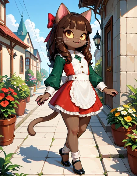masterpiece, best quality, very aesthetic, absurdres,
outdoors, dressed,
full body, posing,
seductive smile, parted lips, long eyelashes,
<lora:Ivy_Pepper_v01_NAIXL:1>
1vyP3pp3r,1girl,solo,furry,furry female,cat girl,cat ears,brown hair,hair bow,long hair,blunt bangs,brown eyes,yellow sclera,animal nose,whiskers,body fur,cat tail,