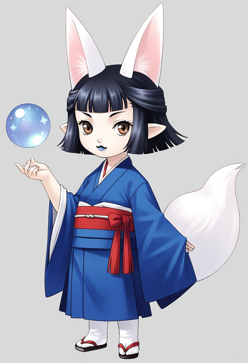 score_8, score_8_up, score_7_up, source_anime, BREAK kanekostyle, lipstick, eye shadow, eyelashes, 1girl, female focus, solo, Hasaha, animal ears, black hair, brown eyes, pointy ears, short hair, white tail,  japanese clothes, blue kimono, crystal ball, sash, obi, short stack, full body, simple background, white background, orb, looking at viewer, rating_safe