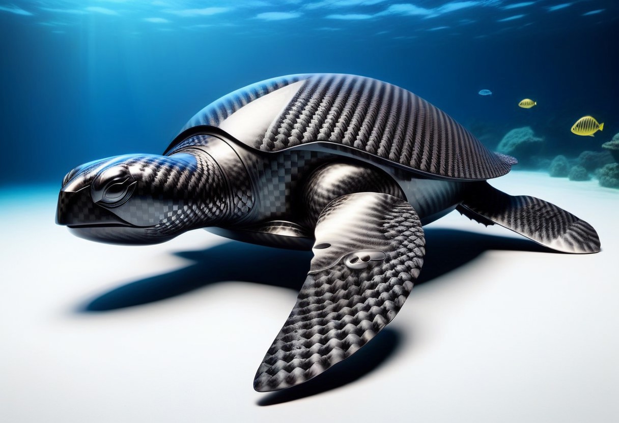 lazympos, cf_style, black sea turtle made of carbon fiber, underwater, swimming