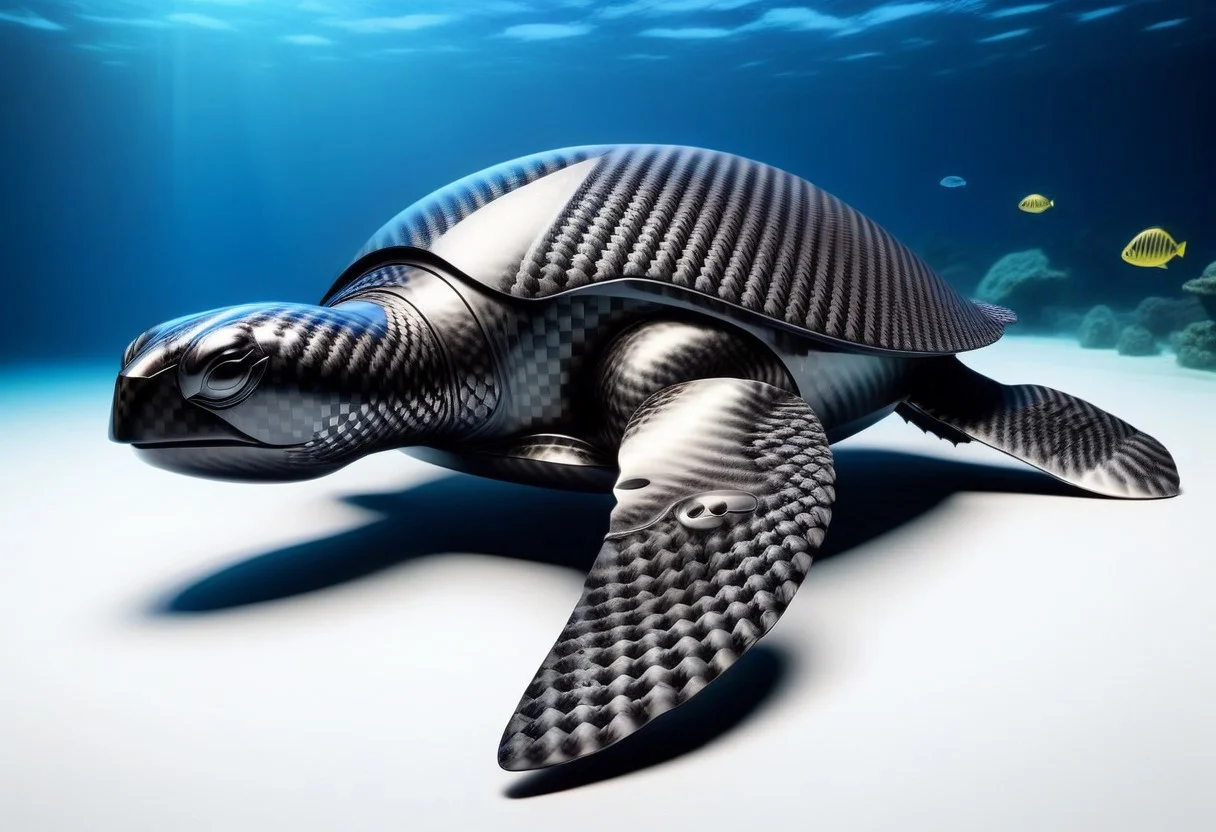 lazympos, cf_style, black sea turtle made of carbon fiber, underwater, swimming