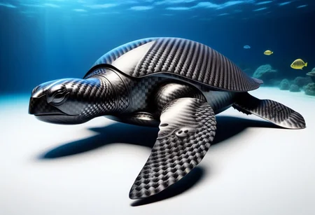 lazympos, cf_style, black sea turtle made of carbon fiber, underwater, swimming