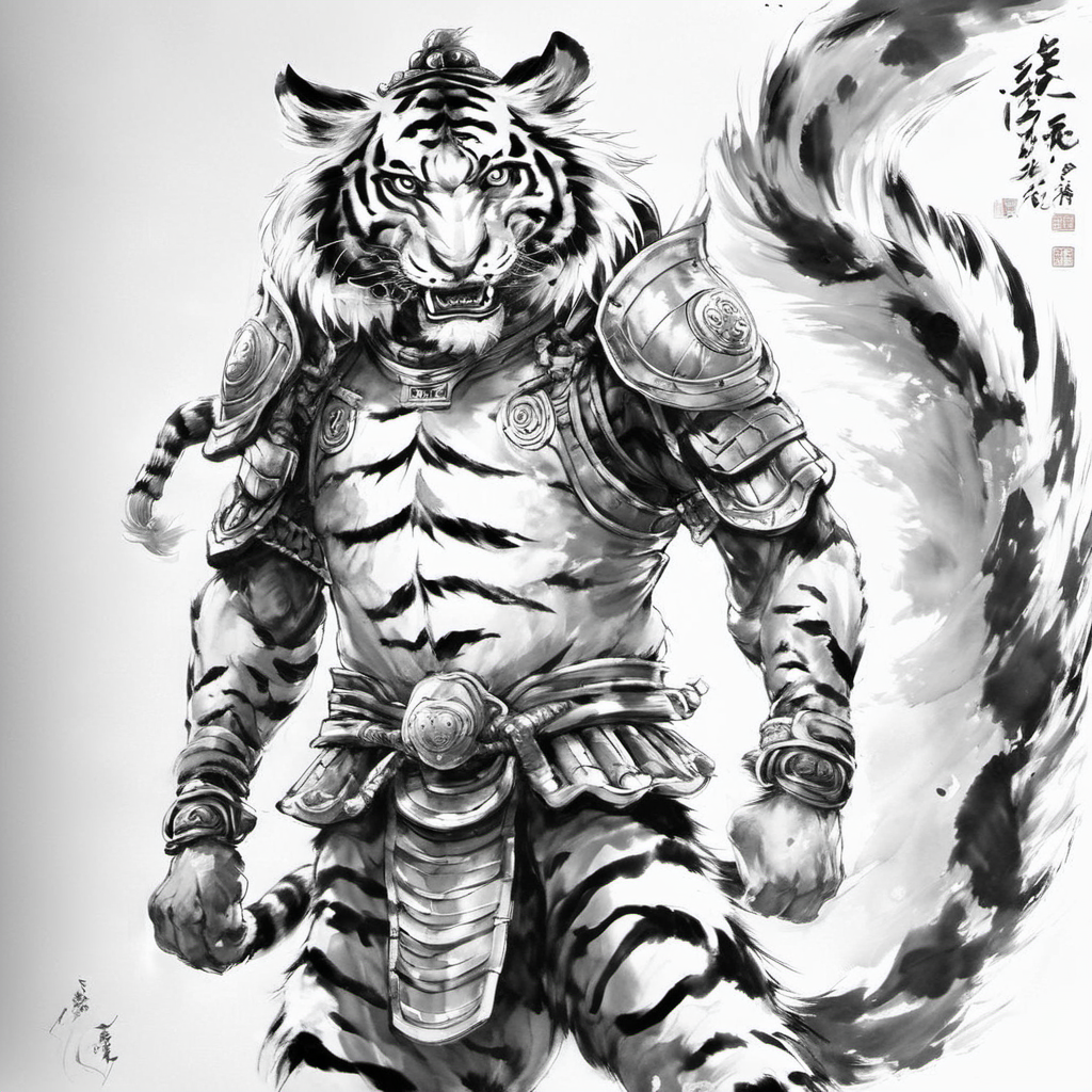 ink-painting,grayscale, monchrome,solo,1boy,male focus,armor,shoulder armor,tail,furry,white background,full body,animal ears,signature,looking at viewer,furry male,pauldrons,japanese armor,simple background,barefoot,pants,facial hair,fangs,tiger,tiger tail,tiger ears,open mouth,teeth,year of the tiger,muscular,<lora:Ath_ink-paintingXL:1>,
