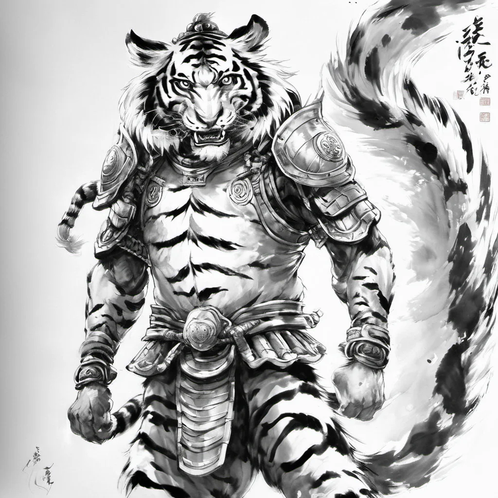 ink-painting,grayscale, monchrome,solo,1boy,male focus,armor,shoulder armor,tail,furry,white background,full body,animal ears,signature,looking at viewer,furry male,pauldrons,japanese armor,simple background,barefoot,pants,facial hair,fangs,tiger,tiger tail,tiger ears,open mouth,teeth,year of the tiger,muscular,<lora:Ath_ink-paintingXL:1>,