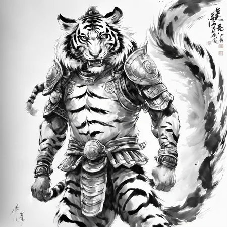 ink-painting,grayscale, monchrome,solo,1boy,male focus,armor,shoulder armor,tail,furry,white background,full body,animal ears,signature,looking at viewer,furry male,pauldrons,japanese armor,simple background,barefoot,pants,facial hair,fangs,tiger,tiger tail,tiger ears,open mouth,teeth,year of the tiger,muscular,<lora:Ath_ink-paintingXL:1>,