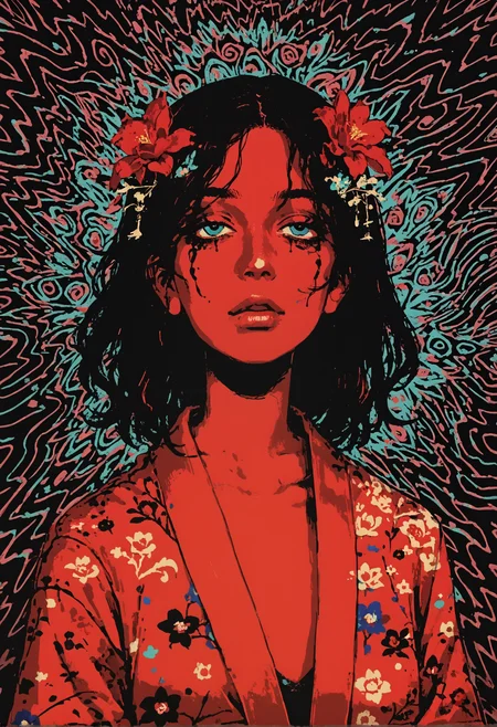 score_9, score_8_up, score_7_up, 1girl, upper body, red kimono, flower pattern, trippy background, psychodelic, <lora:dcr34sed-c0l0ring-20:0.8>, dcr34sed_c0l0ring, monochrome <lora:f3nn3rXLP:0.8> f3nn3r, colourful, pink, blue, black, red, trippy