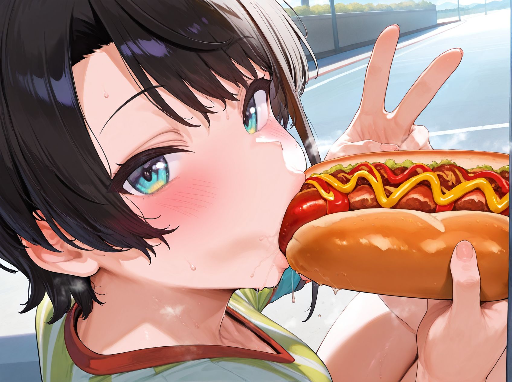 masterpiece,best quality,amazing quality,very aesthetic,absurdres,newest, huge filesize,
<lora:spo_sdxl_10ep_4k-data_lora_webui:0.5>,
<lora:add-detail-xl:1>
<lora:Eating_a_hotdog:1>
Eating a hotdog,
from side,
1girl,food,solo,
hot dog,blush,
sexually suggestive,
sweat,
seductive,
sexy,
food play, v,squatting, 
oozora subaru,
