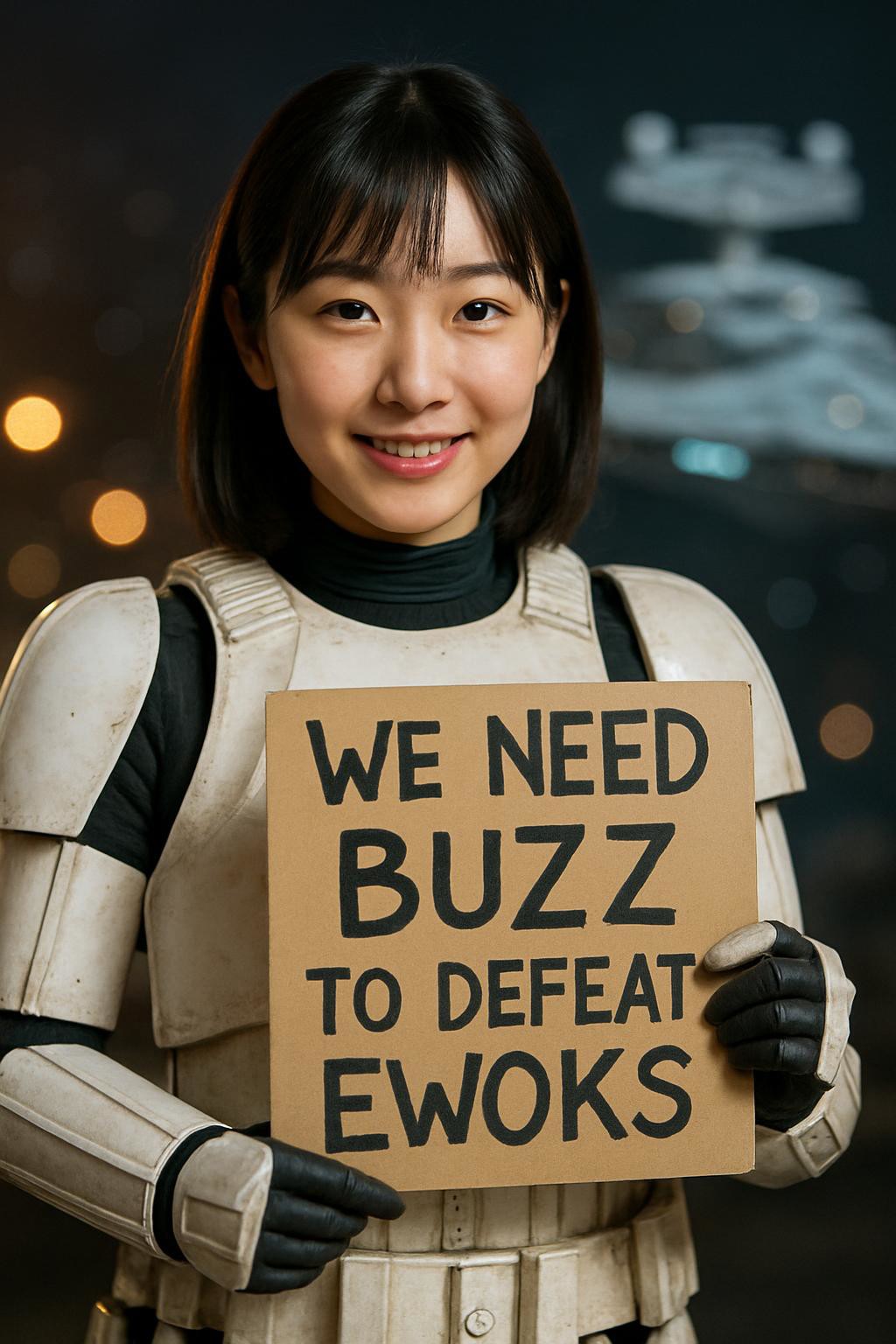  a cute japanese woman wearing storm trooper armour from star wars, no helmet, holding sign with text "We need BUZZ to defeat Ewoks", bokeh star destroyer background, intricate details, photorealism
