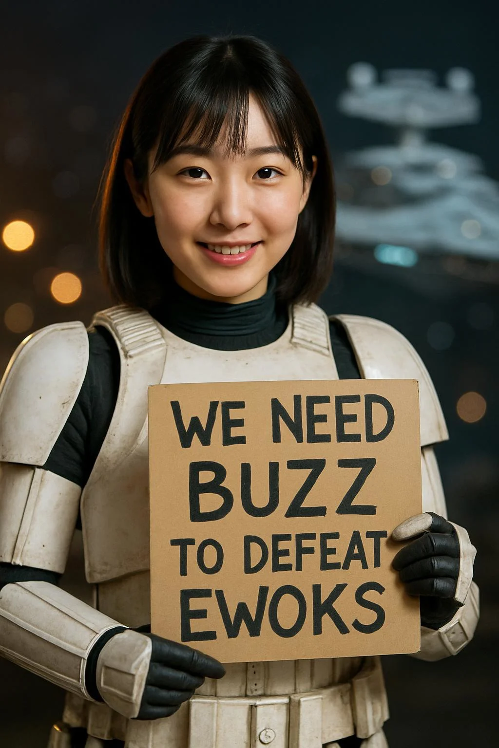 a cute japanese woman wearing storm trooper armour from star wars, no helmet, holding sign with text "We need BUZZ to defeat Ewoks", bokeh star destroyer background, intricate details, photorealism