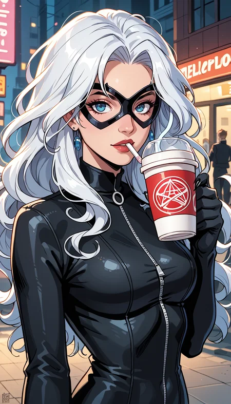 score_9, score_8_up, score_7_up, (Western Comics), (Felicia Hardy), cute, seductive, innocent, long luminous neon white hair, floating hair, wavy hair, in high detailed (Black Cat) suit, tight black suit with white accents and black goggles. The gloves of her costume form retractable claws at the fingertips. Sipping a ceramic cup of coffee, (Portrait photo), (depth of field), (dynamic angle), (ultra detailed, high quality texture), (sharp), (artistic image)