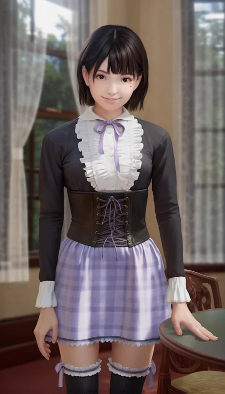 score_9,score_8_up,score_7_up,<lora:ChisatoShinjo:1>,
chisatoshinjo,
realistic,
1girl, solo, black hair, short hair, bangs, brown eyes, beauty mark, looking at viewer, smile, black long-sleeve blouse with ruffles, purple ribbon tied at neck, lavender plaid skirt with corset lace-up waist, black knee-high socks with lace trim and purple bows, cowboy shot, standing, blurry background, indoors, living room, vintage room, at a round wooden table, wooden chair, windows, sunlight through window, curtains, warm cozy atmosphere