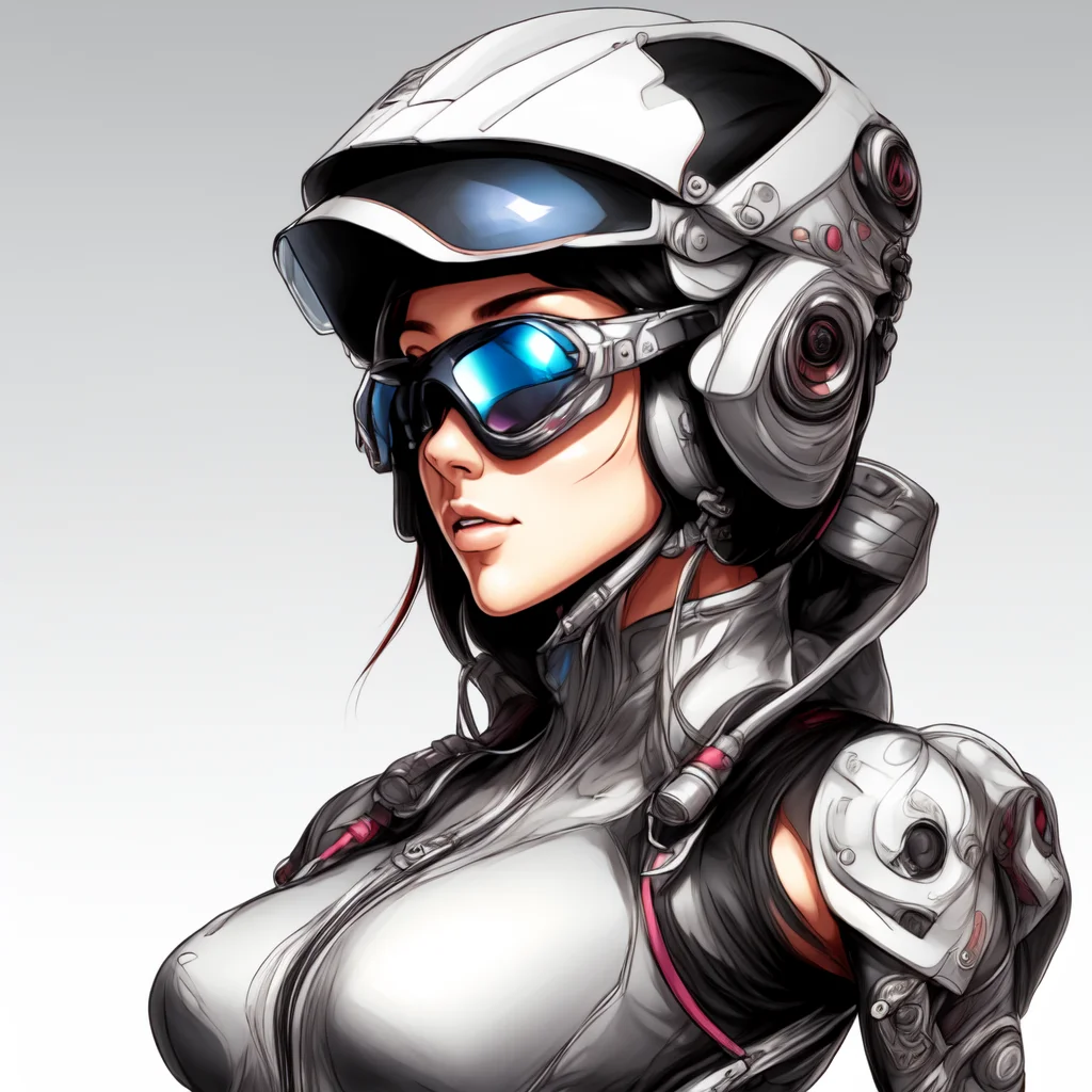 (BionicBikerGirl style:1) a drawing of a woman wearing a helmet and goggles <lora:BionicBikerGirl:1>