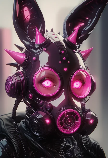 (score_9, score_8_up), score_7_up, 1girl, looking at viewer, upper body, shiny, pink eyes, blurry, mask, glowing, helmet, spikes, bunny ears, science fiction, shiny clothes, cable, leather, latex, gas mask, cyberpunk, tube
<lora:Gas_mask-000009:1>