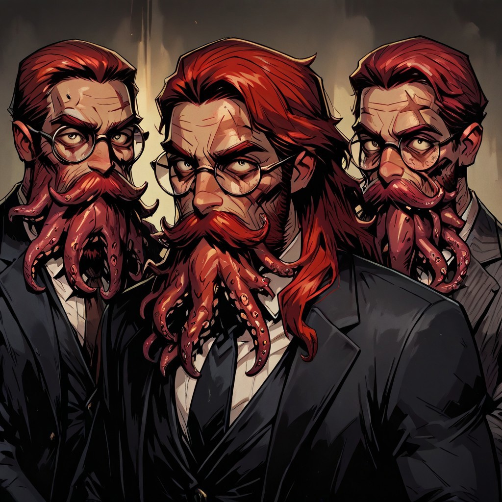 masterpiece, best quality, newest, absurdres, highres, TTCSV1.0, 1boy, glasses, red hair, suit, round glasses, beard, facial hair, mustache, scar, scars on face, TB-V1.0, Tentacle beard,