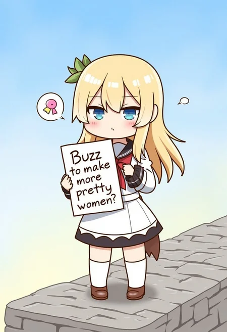 lazypos, 1girl, solo, blond hair, cute, looking at viewer, long hair, closed mouth, frown, blue eyes, eyelashes, standing on a stone wall, holding sign that says (Buzz to make more pretty women?) (High quality textures and colors), realistic eyes and face features. standing on a stone wall, full body, full view, her eyes are glowing, open view, at distance,