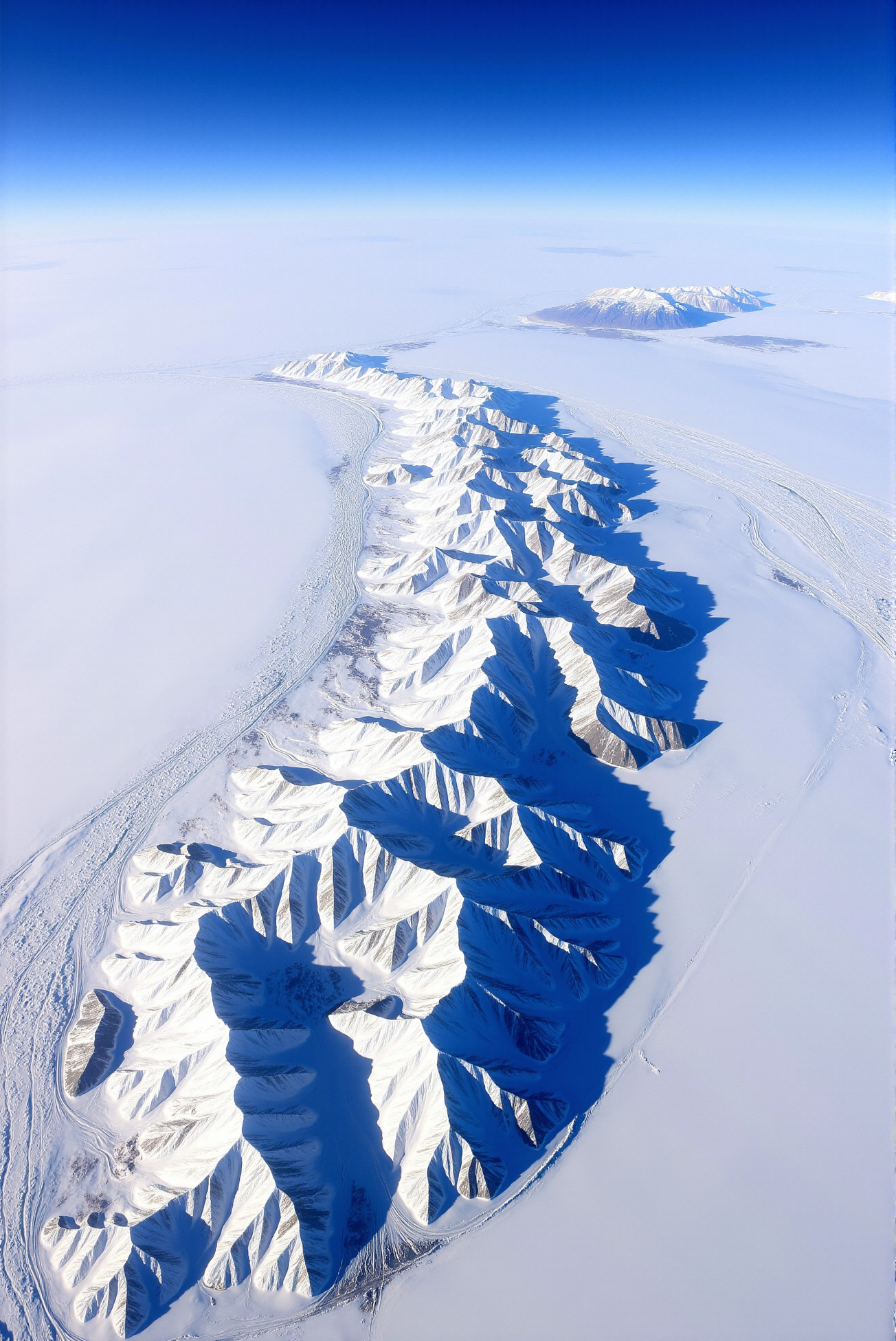 <lora:Ice_Desert_style:0.8> IceDesert style.
A vast winter expanse unfurls in a panoramic aerial oblique view, with rows of snow-covered mountain spines cascading diagonally across the frame like scales on a colossal creature. Each ridge catches angled sunlight, casting elongated shadows across the frozen plains, while deep valleys weave like threads through the terrain's white tapestry. The snow textures shift from thick alpine layering on the peaks to smoother, wind-flattened surfaces on the far-reaching tundra beyond. Captured in crystal-clear atmosphere with a cinematic focal length and extreme horizontal breadth, the composition embraces repetition and rhythm, creating visual harmony between rugged vertical relief and the smooth, expansive flatlands to the east. The sky transitions from pale cyan near the horizon to deep indigo at zenith, accentuating the curvature of Earth and the scale of the terrain. The moment feels endless, silent, and grand—a celebration of geological scale beneath an unbroken sky of pure arctic air.