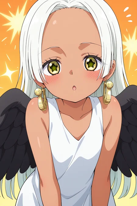 1girl, <lora:S-Snake _ One Piece _ Illustrious _ v2:1>, dark skin, white hair, long hair, yellow eyes, star-shaped pupils, earrings, black wings, 
white dress, sleeveless, 
looking at viewer, :o, blush,