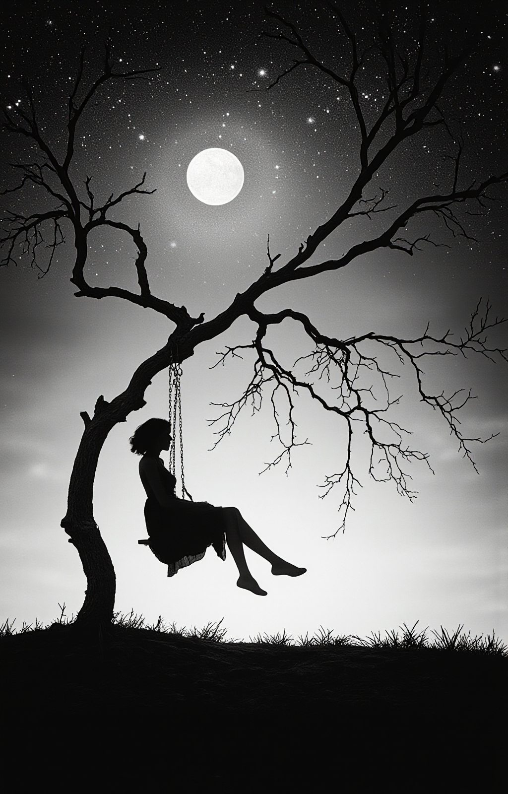 black-and-white photograph captures a hauntingly beautiful scene of a solitary figure sitting on a swing. The image is set against a gradient sky transitioning from a dark, star-filled night to a lighter, more serene morning. A large, full moon dominates the upper left quadrant, its luminous glow casting a soft, ethereal light across the scene. The figure, whose gender is indistinguishable due to the silhouette, sits on a swing hanging from a bare tree with twisted, leafless branches. The swing is positioned slightly to the right of center, with the figure sitting at the very edge, their legs dangling. The swing's chains are clearly visible, hanging down to the ground. The figure appears to be wearing a dress, with their arms resting on their lap. The ground beneath the swing is dark and textured, suggesting a rocky or uneven surface. The overall mood is melancholic and contemplative, enhanced by the stark contrast between the dark, detailed silhouette of the figure and the lighter, more diffuse background. The photograph is a striking example of minimalist art, emphasizing the interplay between light and shadow, and the human form in a natural setting., <lora:aidmaImageUpraderv0.3:0.4>, aidmaimageupgrader, <lora:diffusion_pytorch_model:1>, <lora:aidmaMJ6.1_v0.5_3:0.7>, aidmaMJ6.1, ultra quality, ultra detailed, intricate details