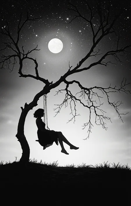 black-and-white photograph captures a hauntingly beautiful scene of a solitary figure sitting on a swing. The image is set against a gradient sky transitioning from a dark, star-filled night to a lighter, more serene morning. A large, full moon dominates the upper left quadrant, its luminous glow casting a soft, ethereal light across the scene. The figure, whose gender is indistinguishable due to the silhouette, sits on a swing hanging from a bare tree with twisted, leafless branches. The swing is positioned slightly to the right of center, with the figure sitting at the very edge, their legs dangling. The swing's chains are clearly visible, hanging down to the ground. The figure appears to be wearing a dress, with their arms resting on their lap. The ground beneath the swing is dark and textured, suggesting a rocky or uneven surface. The overall mood is melancholic and contemplative, enhanced by the stark contrast between the dark, detailed silhouette of the figure and the lighter, more diffuse background. The photograph is a striking example of minimalist art, emphasizing the interplay between light and shadow, and the human form in a natural setting., <lora:aidmaImageUpraderv0.3:0.4>, aidmaimageupgrader, <lora:diffusion_pytorch_model:1>, <lora:aidmaMJ6.1_v0.5_3:0.7>, aidmaMJ6.1, ultra quality, ultra detailed, intricate details