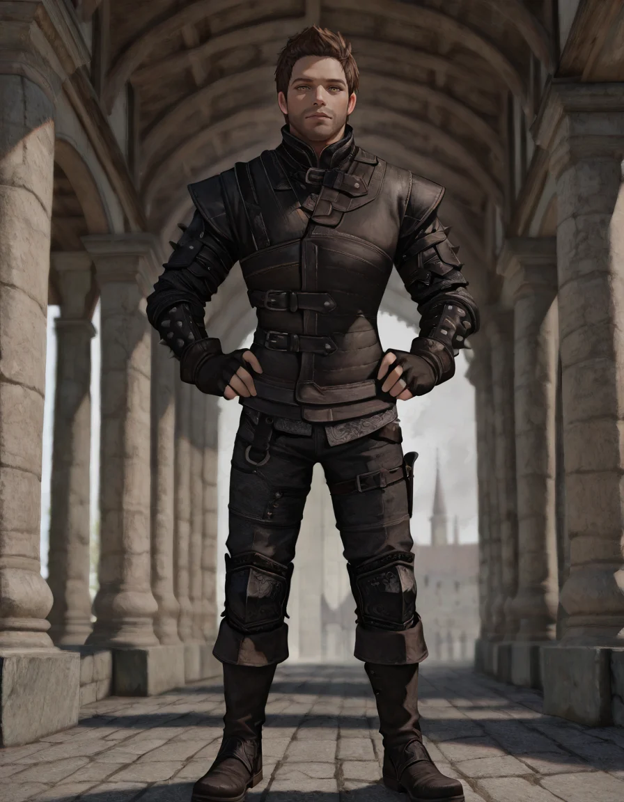 masterpiece, best quality, newest, perfect quality, best quality, detailed background, intricate details, male focus, realistic, solo, <lora:Skyrim Romance Mod - Bishop - Illustrious-000009:0.7>, srm_bishop, 1boy, brown hair, very short hair, yellow eyes, facial hair, leather armor, fingerless gloves, pants, boots, hands on hips