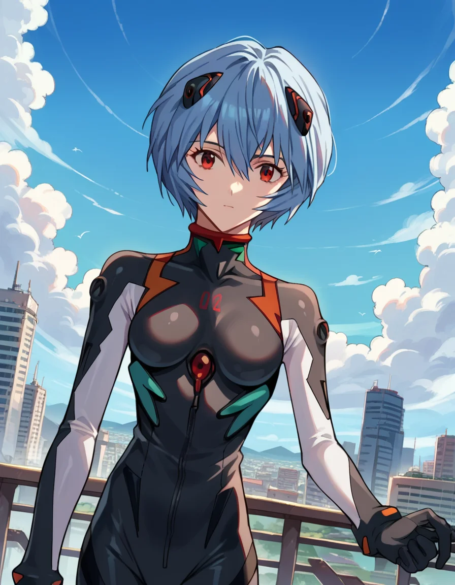 score_9, score_8_up, score_7_up, source_anime, reiayanami, <lora:rei-ayanami-ponyxl-lora-nochekaiser:1>, rei ayanami, blue hair, short hair, red eyes, bodysuit, headgear, plugsuit, black bodysuit, outdoors, cityscape, sky, clouds, sun, looking at viewer, cowboy shot, dutch angle, dynamic pose,