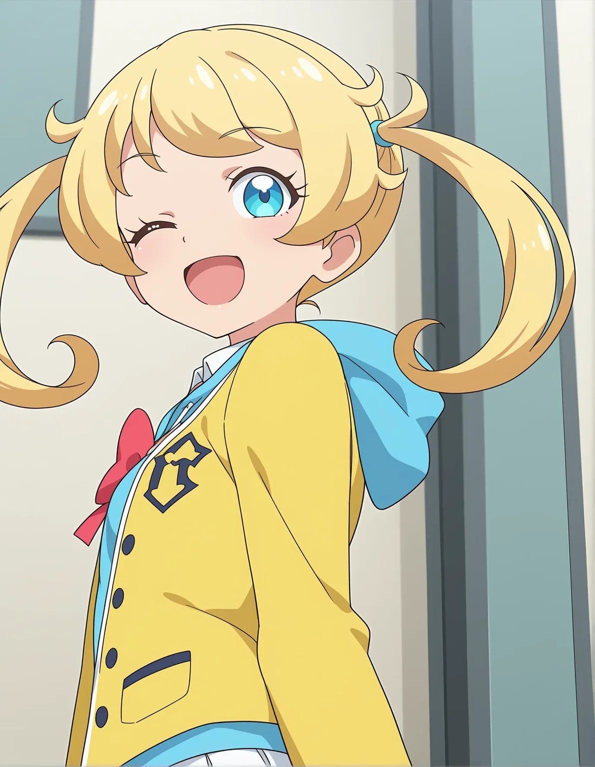 safe,best quality,very aesthetic,absurdres,newest,masterpiece,1girl,solo,highres,smile,open mouth, ,anime coloring,,looking back, from behind, upper body,,from below, ,one eye closed, ,<lora:il-prichan-emo1.0:1>,kiratto pri chan,moegi emo,blue eyes,blonde hair,twintails,small breasts,yellow jacket,open jacket,collared shirt,bowtie,red bow,hood,blue hoodie,pleated skirt,white skirt,anime screenshot,