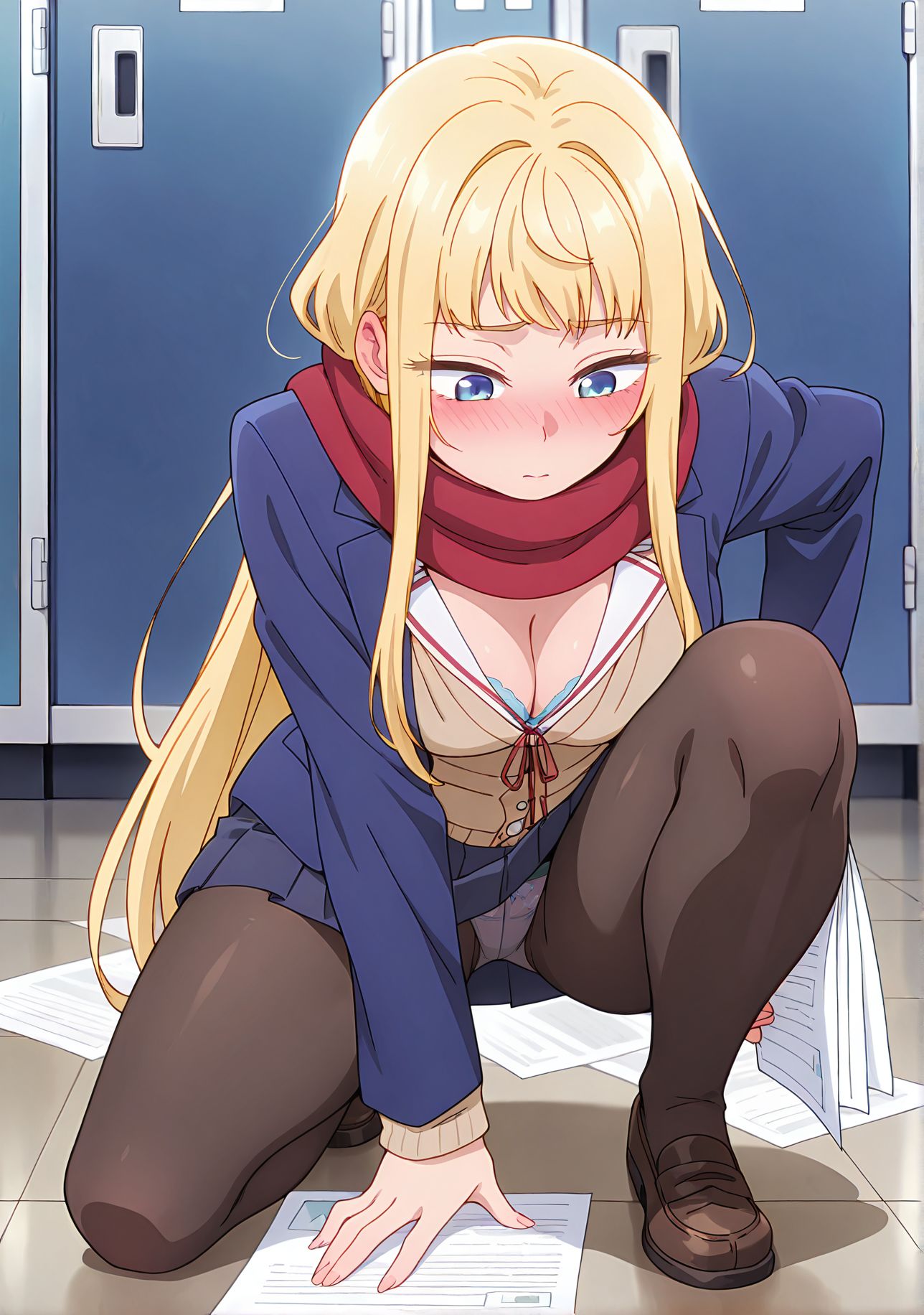 masterpiece,best quality,anime coloring,anime screenshot,
<lra:bra_peek:1>bra_peekV1,
1girl,pantyhose, blush,   solo, sexy panties, 
skirt,panties,  paper on ground,  kneel on one knee , 
panty shot, picking up  file, file,holding  paper ,full body, looking down, 
legs apart, 
<lora:minami_fuyuki:0.8>minami, blonde hair, long hair, scarf, blue eyes, school uniform, red scarf,  jacket, cleavage, very long hair, breasts,blush, blazer, cardigan, ribbon ,long sleeves, medium breasts, bangs, sidelocks,